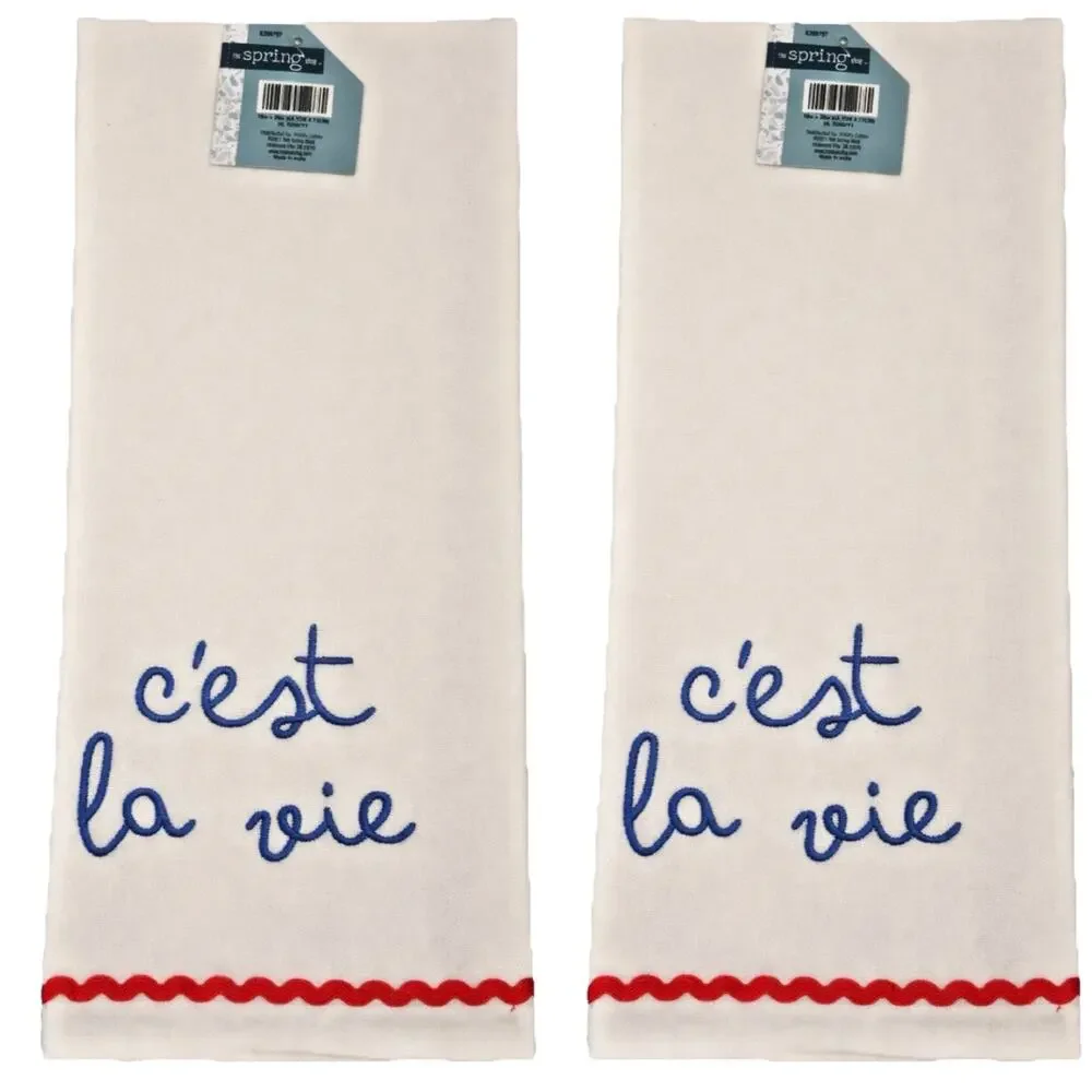 Lot Of Two white tea towel c'est la vie embroidered with ric rac 18